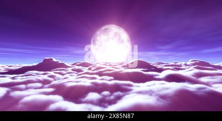 above clouds full moon illustration, 3d rendering Stock Photo