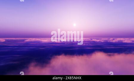 above clouds fly sunset sun ray illustration, 3d render Stock Photo