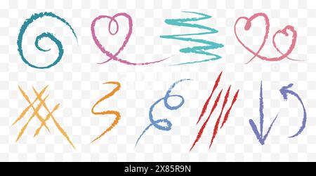 vector illustration features various colorful doodle-style sketches on a transparent background. The abstract, hand-drawn shapes are rendered in Stock Vector