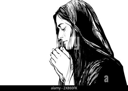 Woman praying hand drawn ink sketch. Engraved style vector illustration. Stock Vector