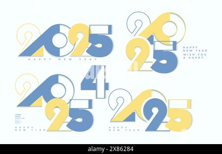 Several designs for the New Year numbers 2025. With different curves and positions and with different meanings. 2025 new year vector premium design. Stock Vector