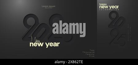 Set of Happy New Year 2025 number designs. With cut out 2D numbers illustration. With dark labels and dark background. Towards a happier year. Stock Vector