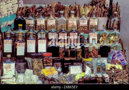 Philippines, Manila; Market stall selling traditional herbal medicines, such as herbal teas and dried roots. Stock Photo
