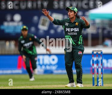 Nashra Sundhu of Pakistan reacts during the England Women v Pakistan Women 1st Metro Bank ODI match England vs Pakistan at The Incora County Ground, Derby, United Kingdom, 23rd May 2024  (Photo by Gareth Evans/News Images) in Derby, United Kingdom on 5/23/2024. (Photo by Gareth Evans/News Images/Sipa USA) Stock Photo