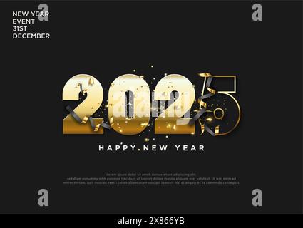 Happy New Year 2025. Elegant and beautiful gold color number design. Festive design and season decoration. Elegant background for branding, banners. Stock Vector