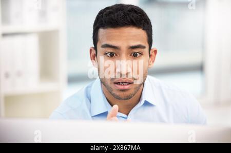 Business man, computer and idea in office with reading, research and planning for website. Internet, thinking and email with online job and digital Stock Photo