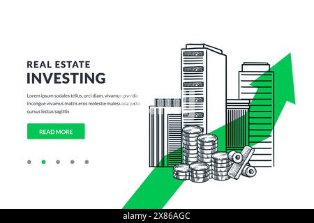 Real estate investing business concept. City buildings, coins stacks on growth green arrow background. Hand drawn vector sketch illustration. Poster, Stock Vector