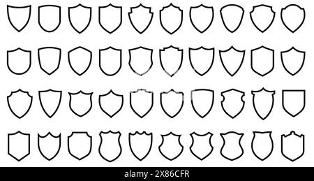 Shield icons set. Black linear shields of different shapes in flat graphic design. Vector illustration Stock Vector