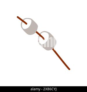 Marshmallow on Stick. Vector Flat Cartoon illustration Isolated on white background. Tasty and Sweet Roasted Desert for Picnic, Grill Party, Campfire. Stock Vector