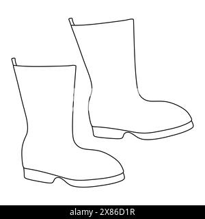 Rubber Garden boots. Outline vector illustration. Linear Protection shoes, Waterproof Footwear or Working uniform. Hand Drawn Autumn Gum boots, Black Stock Vector