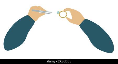 Flat And Outline jeweler hands Holding Tweezers and Big Ruby Gemstone. Red Brilliant icon. Jeweler profession. Jeweler day card. Vector Cartoon illust Stock Vector