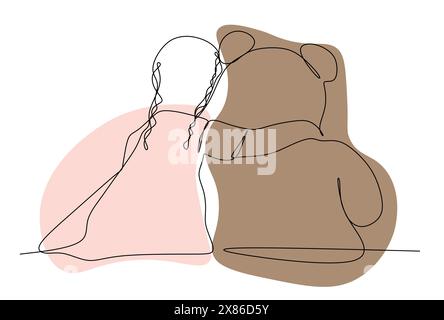 Little Girl with Teddy bear Sitting on floor and Hugging. Autism concept Continuous line art Conceptual image Back view, Mental Health day awareness. Stock Vector