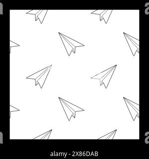 Origami Linear paper Airplanes pattern. Seamless Vector background with Hand drawn Doodle Planer Isolated on white. Monochrome Outline Template, Flyin Stock Vector