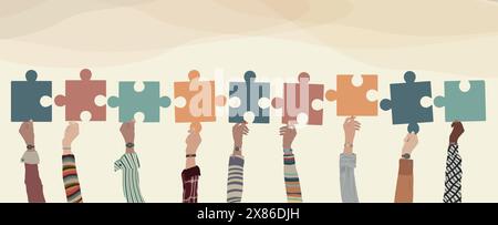 Problem solving concept. Raised hand of multicultural business women and business men holding a jigsaw puzzle piece. Metaphor. Strategy concept.Banner Stock Vector