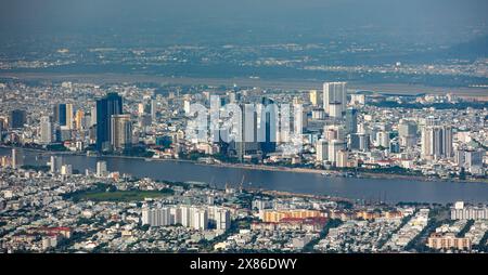 Da Nang city centre skyline aerial panoramic view. Danang is the fourth largest city in Vietnam. Down town Da Nang with hotels and restaurants for tou Stock Photo