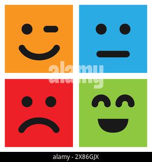 Set of four colorful emoticons with smiley, winking and dissatisfied faces . Emoji icon in square. Flat background pattern. Vector illustration Stock Vector