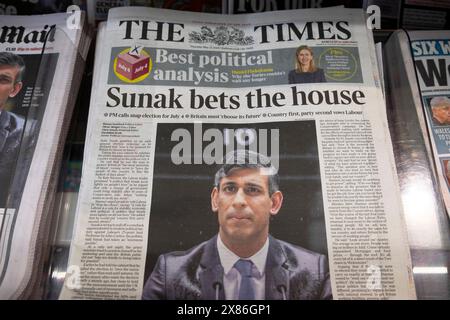 PM Rishi 'Sunak bets the house' 4 July general election announcement 'The Times newspaper headline front page headlines 23 May 2024 London Britain UK Stock Photo