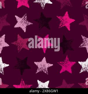 Seamless Pattern with hand drawn Stars on purple background. Abstract grunge texture. Vector illustration Stock Vector