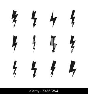 Set of twelve dark thunderstorms. Thunderbolt and high voltage black icons on white background. Vector illustration. Stock Vector