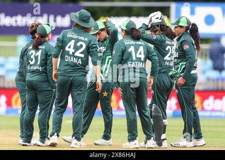 Derby, UK. 23rd May, 2024. Pakistan await the new batter following the dismissal of Amy Jones caught by Ayesha Zafar bowled Nida Dar during the 1st Metro Bank Women's ODI match between England Women and Pakistan Women at the County Ground, Derby, England on 23 May 2024. Photo by Stuart Leggett. Editorial use only, license required for commercial use. No use in betting, games or a single club/league/player publications. Credit: UK Sports Pics Ltd/Alamy Live News Stock Photo