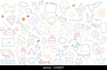Childish doodle outline elements collection. Hand drawn animals, plants and objects in kids scribble style. Vector illustration Stock Vector