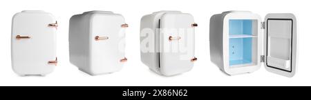 Mini refrigerator for cosmetic products isolated on white, set Stock Photo