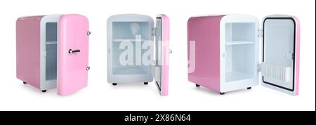 Mini refrigerator for cosmetic products isolated on white, set Stock Photo