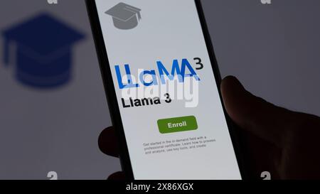 May 03th 2024. Student enrolls to Llama 3 program on a phone, upskilling certification on llama3 by e-learning Stock Photo