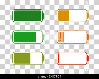 Level battery energy icon set. Powerfully full and power low up status batteries. Energy reusing concept. Alkaline tags. Battery charging point, charg Stock Vector