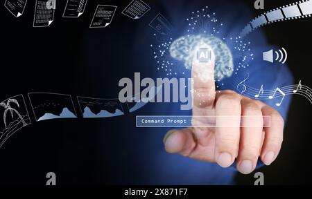 Artificial Intelligence. AI technology. A man uses or activates Ai tech, the AI virtual brain and command prompt bar are displayed ready to generate a Stock Photo