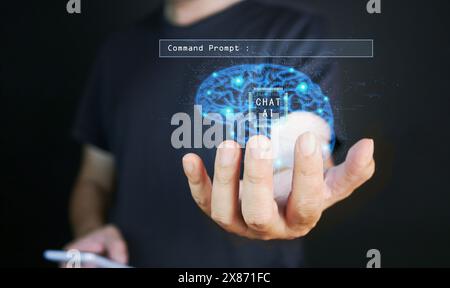 Artificial Intelligence. AI technology. A man uses chat Ai tech on his hand, the AI virtual brain and command prompt bar are displayed ready to genera Stock Photo