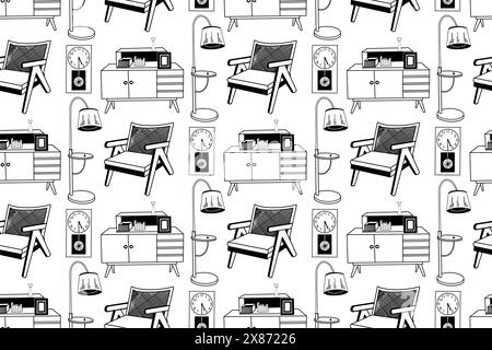 Seamless pattern hand-drawn in vector on the theme of interior design, armchair, floor lamp, chest of drawers, wall clock. Drawn in vector in black. Stock Vector