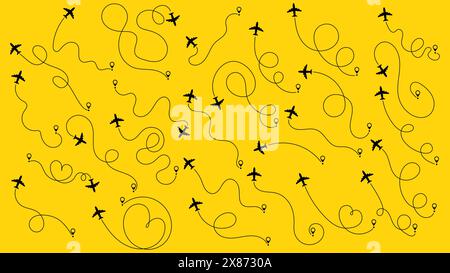 Aircraft tracking, plane path, travel, map pins, location pins. Airplane or aeroplane routes path set. Travel concept from start point and dotted line Stock Vector