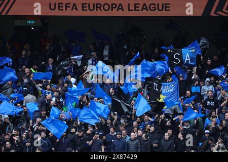 Atalanta supporters cheer on during the 2023/2024 Europa League Final football match between Atalanta BC and Bayer Leverkusen at Dublin Arena stadium in Dublin (Republic of Ireland), May 22nd, 2024. Stock Photo