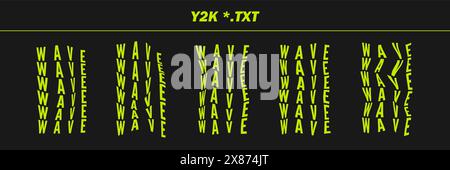 Collection psychedelic written words - WAVE. Psychedelic retro futuristic set words. Surreal geometric shapes on words, abstract cyberpunk wireframe. Stock Vector