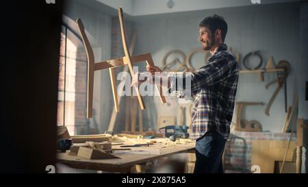 Young Artisan Furniture Designer Marking Out Dimensions on a Blueprint and Starting to Assemble a Wooden Chair. Hipster Carpenter Working in a Studio in Loft Space with Tools on the Walls. Stock Photo