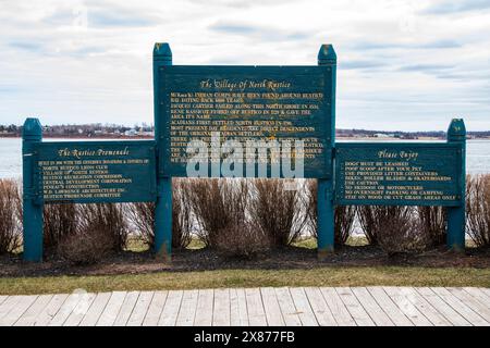 Wooden signs on the promenade in North Rustico, Prince Edward Island, Canada Stock Photo