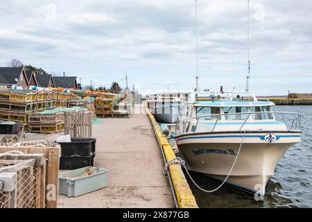 Boats tied up at the dock in North Rustico, Prince Edward Island, Canada Stock Photo