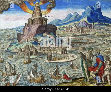 The Lighthouse of Alexandria, illustration by Philip Galle, 1572 Stock Photo