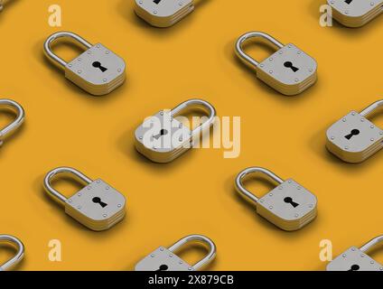 Isometric seamless pattern of padlocks on yellow background. 3d illustration. Stock Photo