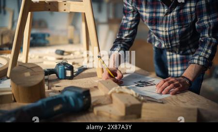 Young Woodworker Checking the Layout Manual of a Stylish Handmade Wooden Chair. Talented Furniture Designer Working in a Workshop in a Creative Loft Space with Tools and Equipment. Stock Photo