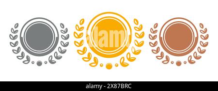 Medals with wreath. Gold, silver and bronze medals. Champion and winner awards. EPS 10 vector. Stock Vector