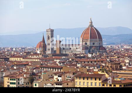 Aerial view of the Florence Cathedral, formally the Cattedrale di Santa Maria del Fiore (English: Cathedral of Saint Mary of the Flower) has its const Stock Photo