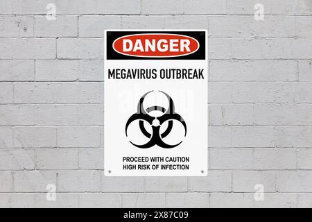 Warning sign screwed to a brick wall to warn about a health hazard. In the middle of the panel, there is a biohazard symbol and the message is saying Stock Photo