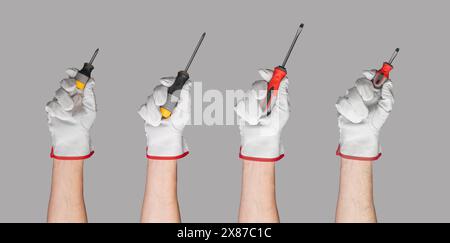 Screwdriver hand tool, screw repair white driver. Hold maintenance mechanic handle. Work worker furniture, carpenter electric set. Holding industrial Stock Photo