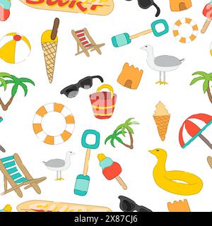 Summer Beach items seamless pattern, Hand drawn style Summer vector illustration Stock Vector