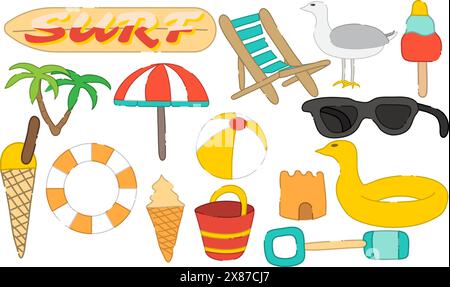 Summer beach elements in a Hand drawn style and muted colour palette Stock Vector