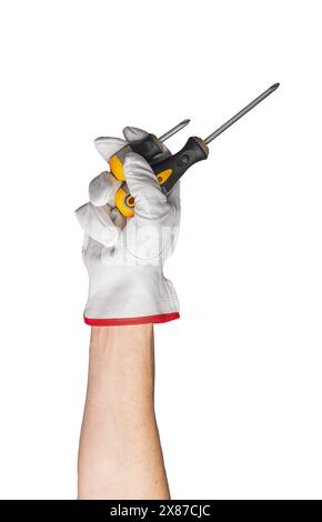 Screwdriver hand tool, isolated repair hold. White background mechanic worker maintenance. Handle work holding handyman service. Object sign finger in Stock Photo