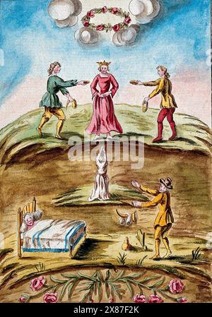 A queen in red is presented with dishes of blood on a hill; below, a ...