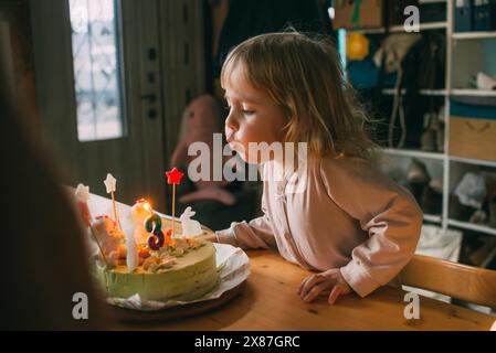 Girl blowing candle on birthday cake at home Stock Photo